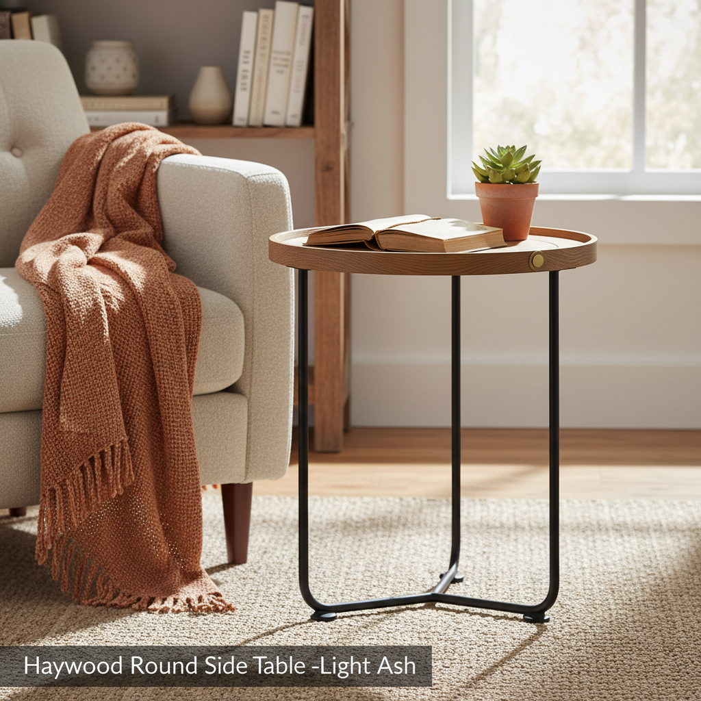 A professional studio shot of the Haywood Round Side Table in a bright, minimalist living room setting. The table is made of light ash timber with a smooth, polished surface, accented by brass nail heads and a leather trim edge. Softbox lighting creates ev