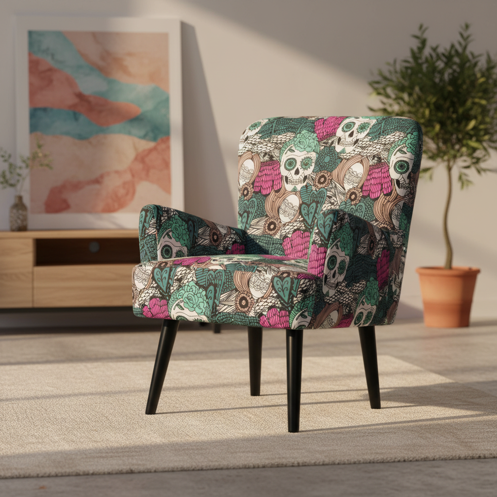 Create a high-end, studio-quality image of the 'Noja velvet Arm Chair Mexico Print' set in a modern minimalist living room. Use softbox lighting to highlight the plush texture of the bright, richly colored velvet upholstery. Capture the chair from a three-
