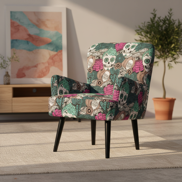 Create a high-end, studio-quality image of the 'Noja velvet Arm Chair Mexico Print' set in a modern minimalist living room. Use softbox lighting to highlight the plush texture of the bright, richly colored velvet upholstery. Capture the chair from a three-