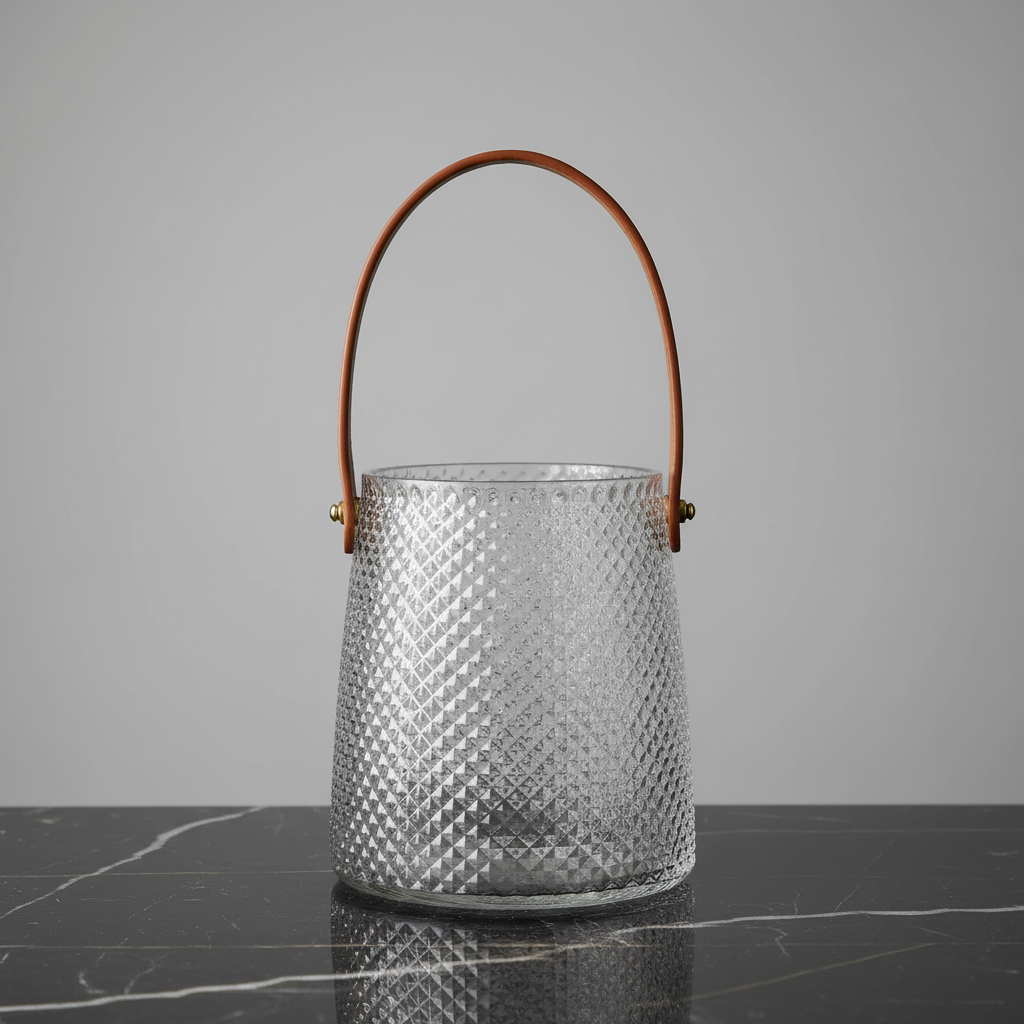 An elegant lifestyle scene showing the Quilted Vase / Hurricane Lamp as a centerpiece on a modern, brushed oak coffee table in a softly lit living room. Shot with a Sony Alpha a7R IV at 35mm focal length, utilizing a combination of softbox and rim lighting