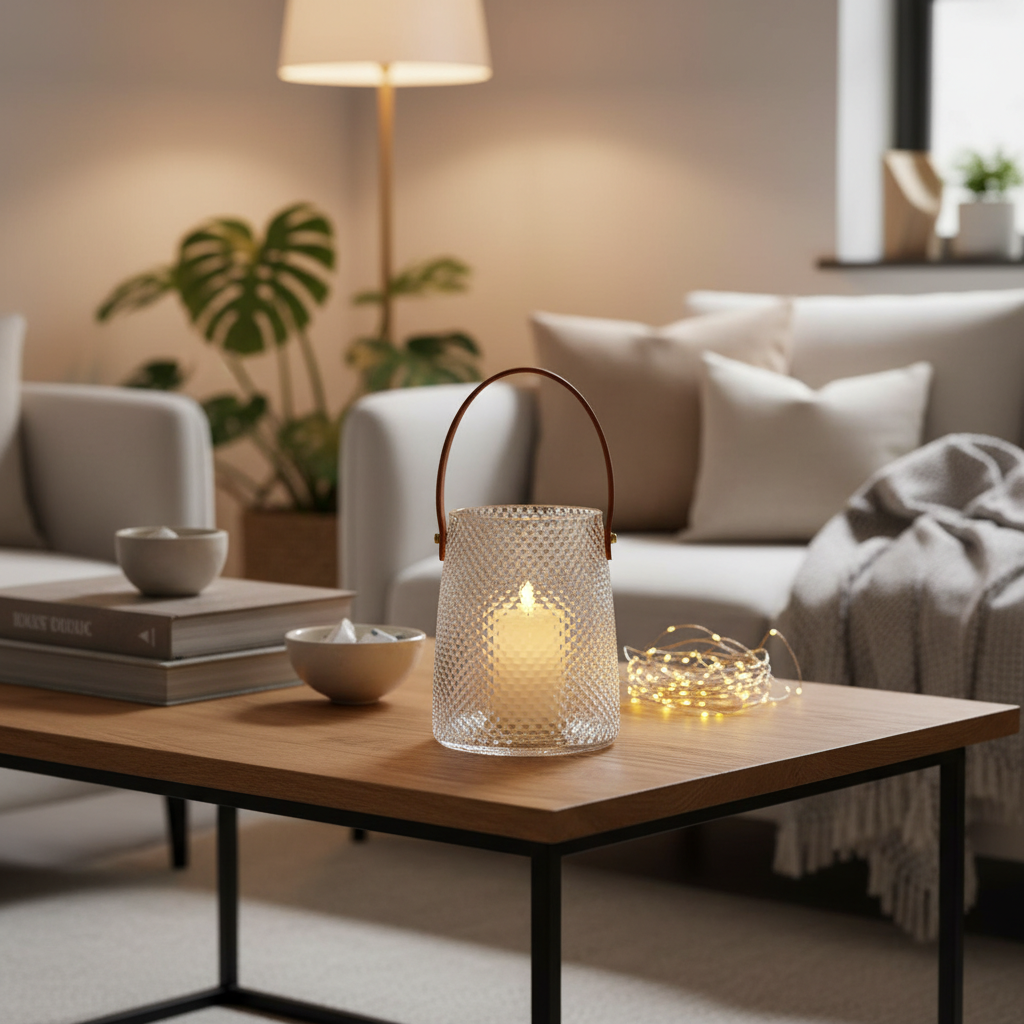 An elegant lifestyle scene showing the Quilted Vase / Hurricane Lamp as a centerpiece on a modern, brushed oak coffee table in a softly lit living room. Shot with a Sony Alpha a7R IV at 35mm focal length, utilizing a combination of softbox and rim lighting