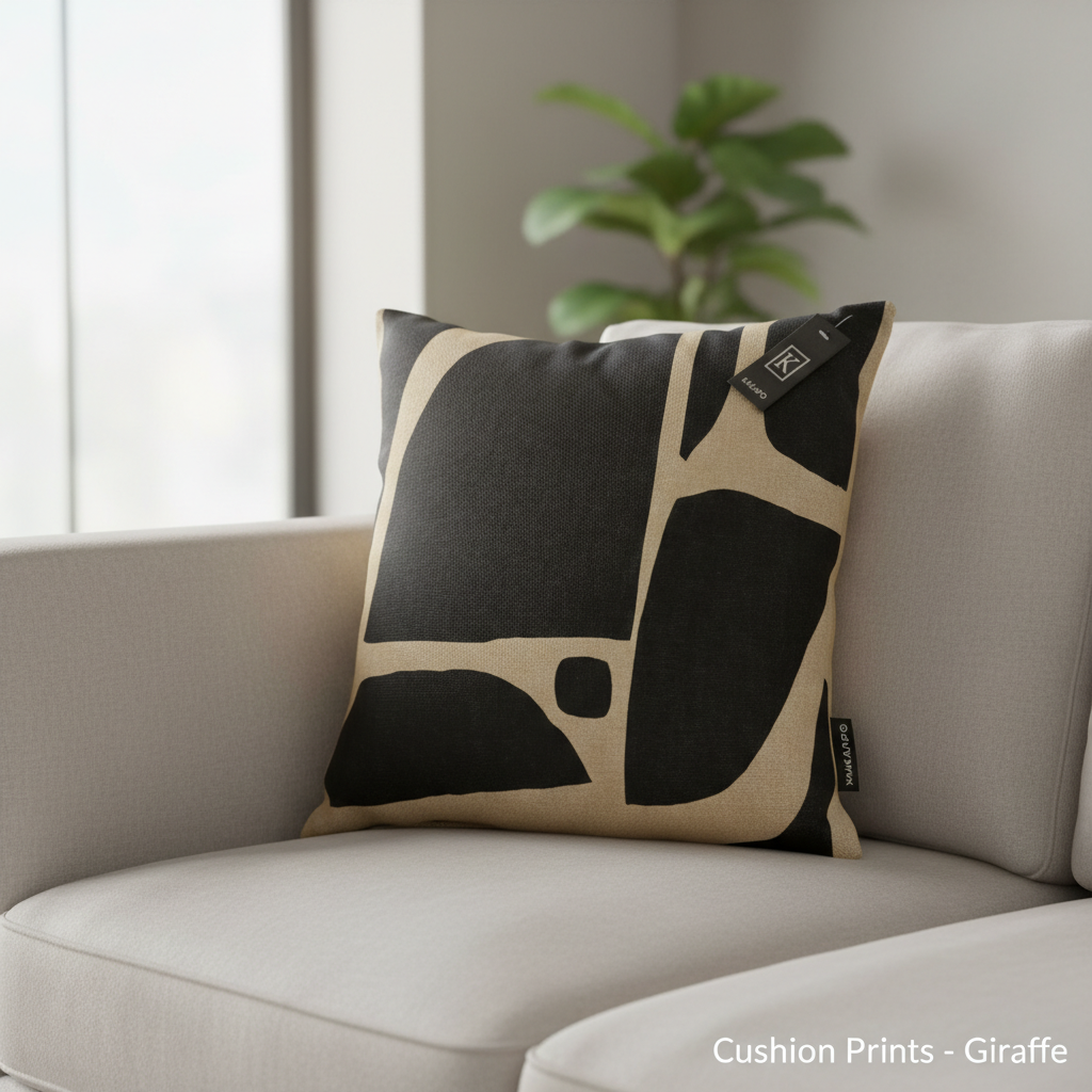 Create a high-resolution studio shot of the 'Cushion Prints - Giraffe' emphasizing its vibrant, detailed giraffe print design. Use softbox lighting to create a warm and inviting ambiance, highlighting the cushion's rich color palette and fabric texture. Th
