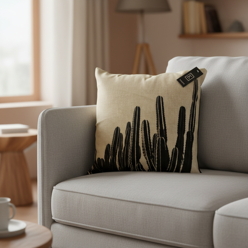 Design a high-resolution, lifestyle-inspired image featuring the "Cushion Prints - Cactus" as part of a vibrant outdoor patio décor. Position the cushion on a rustic wooden bench surrounded by succulents and desert-themed décor to evoke a lively, southwest