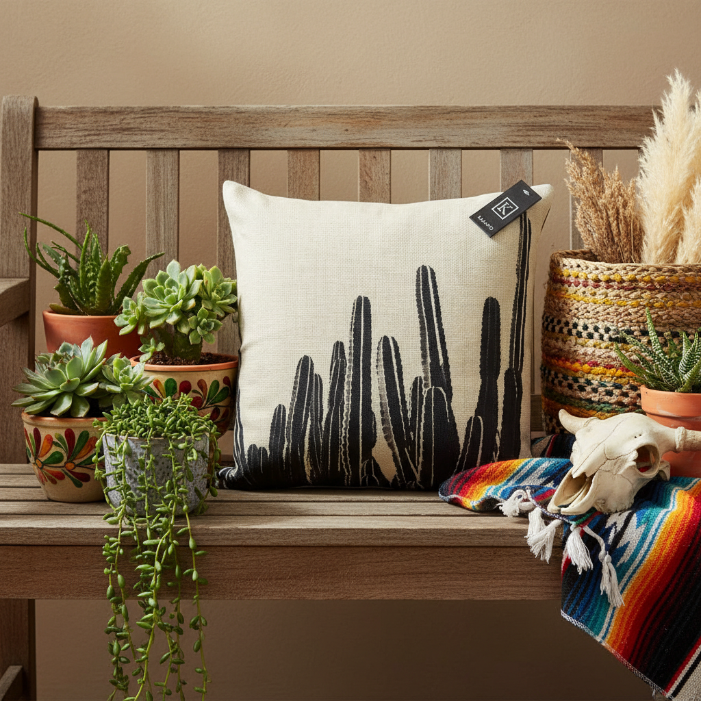 Design a high-resolution, lifestyle-inspired image featuring the "Cushion Prints - Cactus" as part of a vibrant outdoor patio décor. Position the cushion on a rustic wooden bench surrounded by succulents and desert-themed décor to evoke a lively, southwest