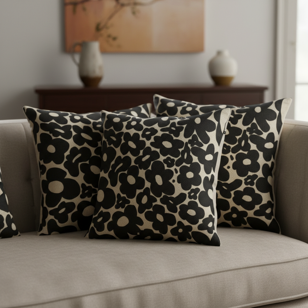 Create a luxurious product shot of the 'Cushion Prints - Daisy' set in a sophisticated, high-end living room setting. Use a softbox lighting setup to highlight the vibrant daisies printed on the fabric, emphasizing the textured softness of the cushion's co