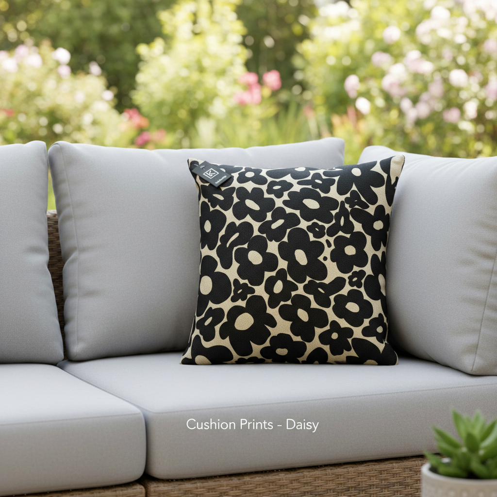 Create a luxurious product shot of the 'Cushion Prints - Daisy' set in a sophisticated, high-end living room setting. Use a softbox lighting setup to highlight the vibrant daisies printed on the fabric, emphasizing the textured softness of the cushion's co