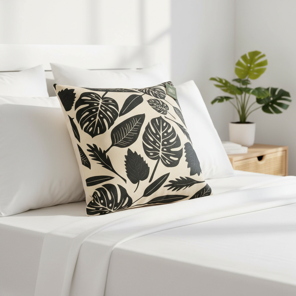 Depict a stylish bedroom vignette with the 'Cushion Prints - Leaves' placed elegantly on a bed with crisp, white linens. Use a studio HDR lighting setup with diffused daylight to enhance the cushion’s textured fabric and the detailed leaf design. The camer