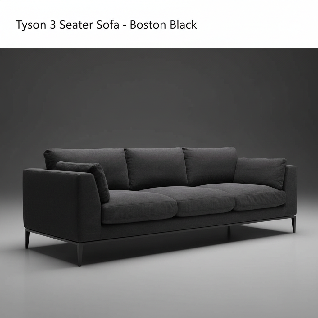 Create a cinematic studio shot of the Tyson 3 Seater Sofa in Boston Black, captured with a high-resolution DSLR camera using a 35mm lens and a shallow depth of field to emphasize the luxurious texture. The sofa is set against a sleek, minimalist dark gray 
