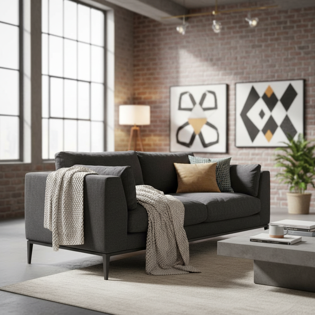 Create a stylish lifestyle scene featuring the Tyson 3 Seater Sofa in a contemporary loft setting. The sofa, upholstered in Boston Black, is photographed from a front three-quarter view with a Canon RF 50mm lens, medium aperture to create a shallow depth o