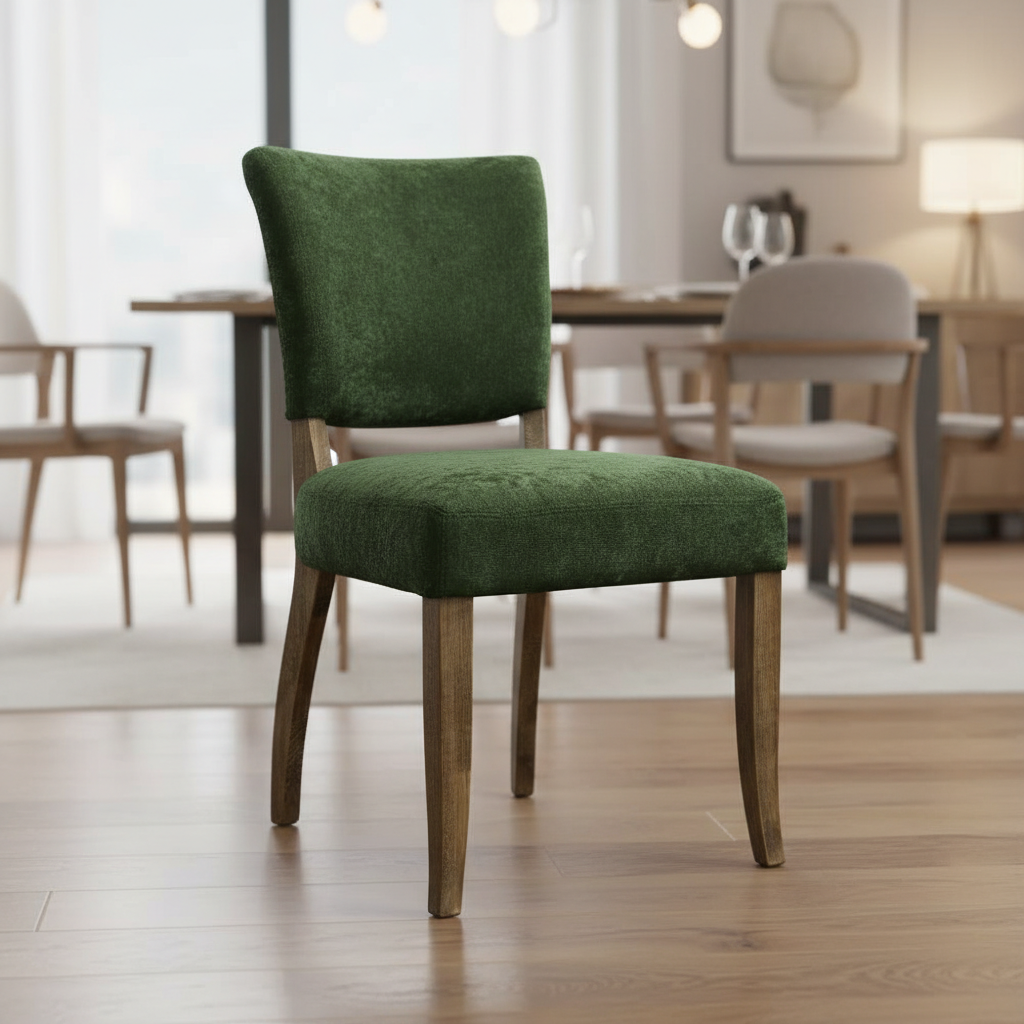 Create a high-resolution studio shot of the Crane Fabric Dining Chair in a luxurious, modern dining environment. Use softbox lighting to highlight the sleek oak legs and rich green polyester fabric, emphasizing the texture and detail of the studding and pa
