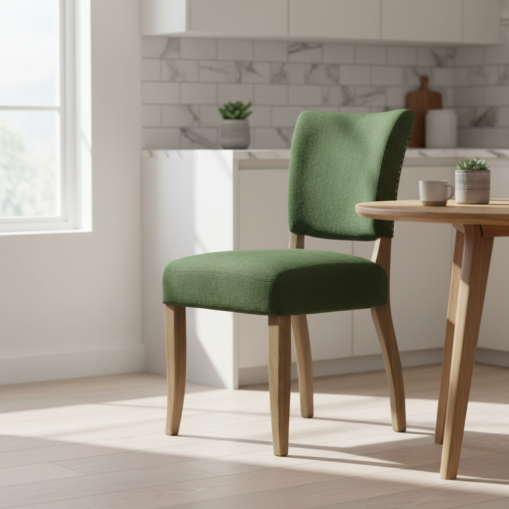 Generate a lifestyle scene showcasing the green fabric dining chair in a bright, airy kitchen corner. Use diffused daylight for soft, natural illumination that accentuates the fabric's vibrant green tone and the craftsmanship of the oak legs. Position the 