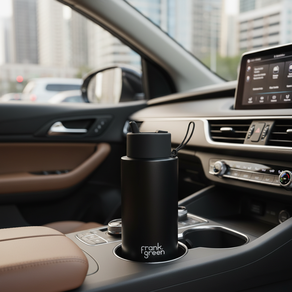 Generate a vivid lifestyle scene featuring the Frank Green Bottle 1000ml Midnight placed inside a contemporary car cup holder during daylight. Employ diffused daylight studio lighting to bring out the rich midnight hue and highlight its custom color finish