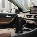 Generate a vivid lifestyle scene featuring the Frank Green Bottle 1000ml Midnight placed inside a contemporary car cup holder during daylight. Employ diffused daylight studio lighting to bring out the rich midnight hue and highlight its custom color finish