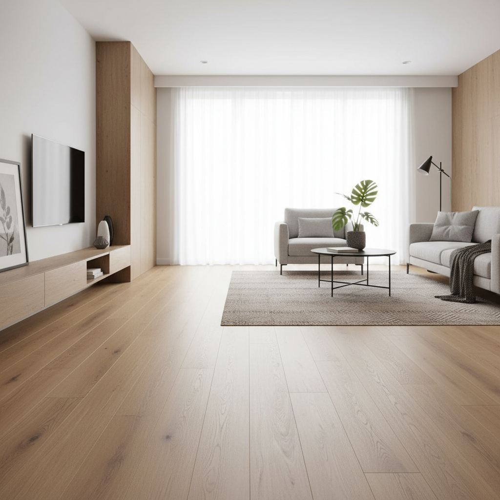 Create a lifestyle scene showcasing the 'Vida Dunbar Plank Flooring' installed in a modern, elegant living room. Use HDR studio lighting to mimic natural daylight, illuminating the rich, warm hues of the European Oak planks. The camera is positioned at a s