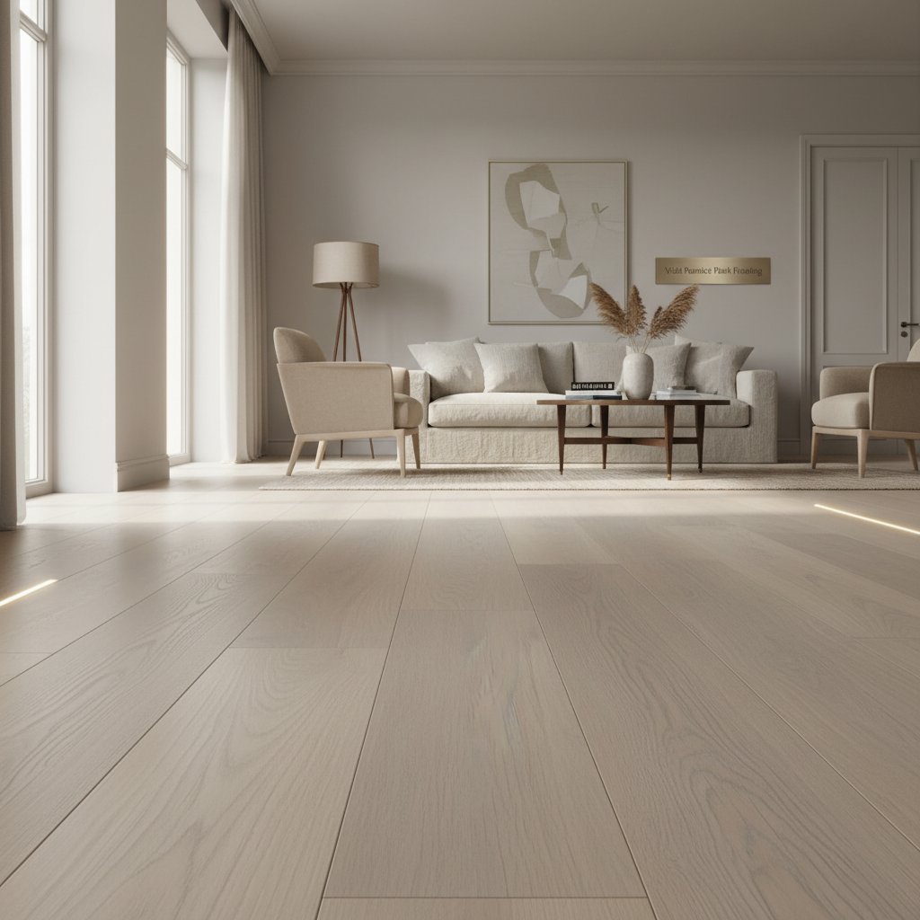 Design a cinematic, lifestyle scene featuring the Vida Pumice Plank Flooring in a stylish living room environment. The planks are arranged in a seamless, wide-angle view, with the lime-washed, honey and grey toned surface catching soft, natural sunlight fr