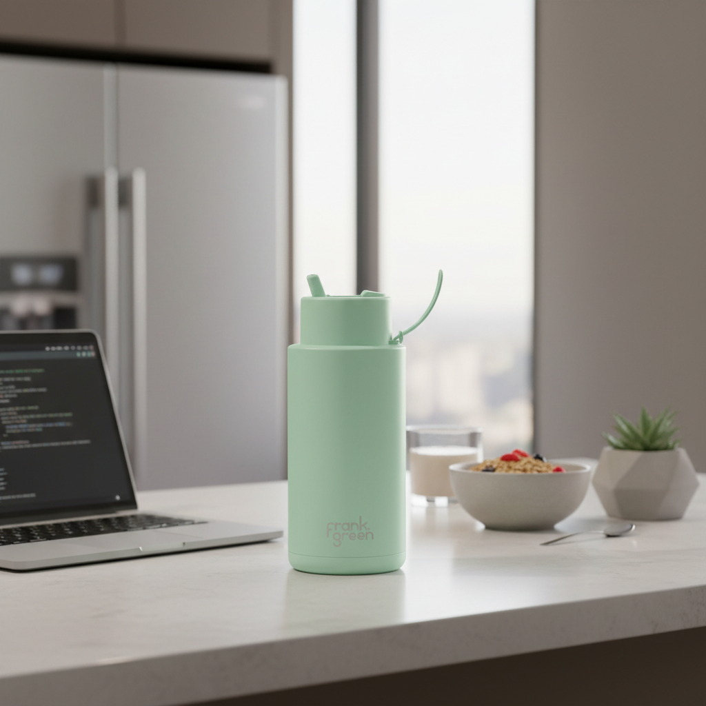 A cinematic lifestyle scene featuring the Frank Green Bottle 1000ml Mint Gelato on a modern kitchen countertop. Overhead HDR studio lighting enhances the triple-wall vacuum insulation’s texture, with a shallow depth of field that softly blurs the backgroun