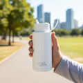 Present the Frank Green Bottle 1000ml in an outdoor lifestyle context, shot with a DSLR using HDR studio lighting to accentuate the triple-wall vacuum insulation and glossy finish of the ceramic surface. The camera captures a wide, eye-level scene with an 