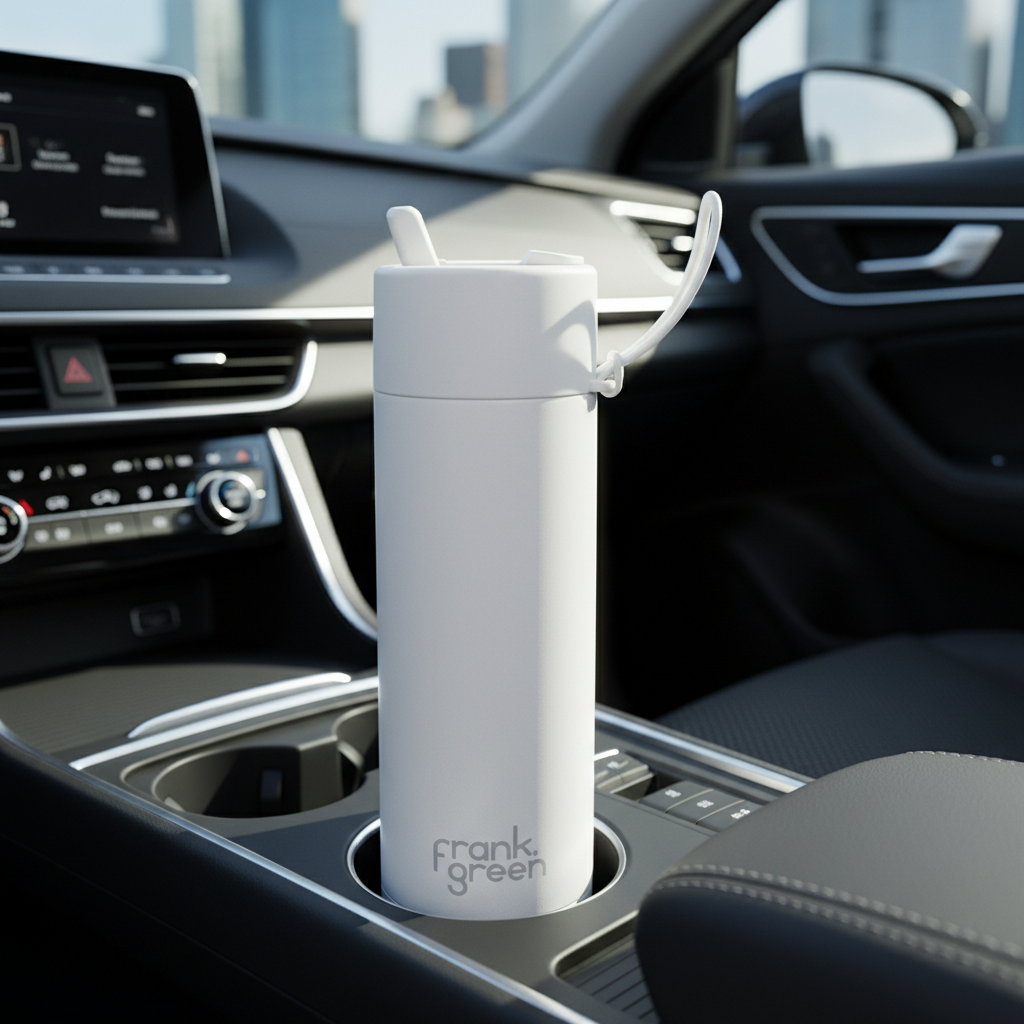 A lifestyle scene featuring the Frank Green Bottle 595ml Cloud in a stylish car interior. The shot is a wide-angle, overhead perspective, with the bottle placed snugly in a car cup holder, showcasing its perfect fit. The lighting is natural daylight filter