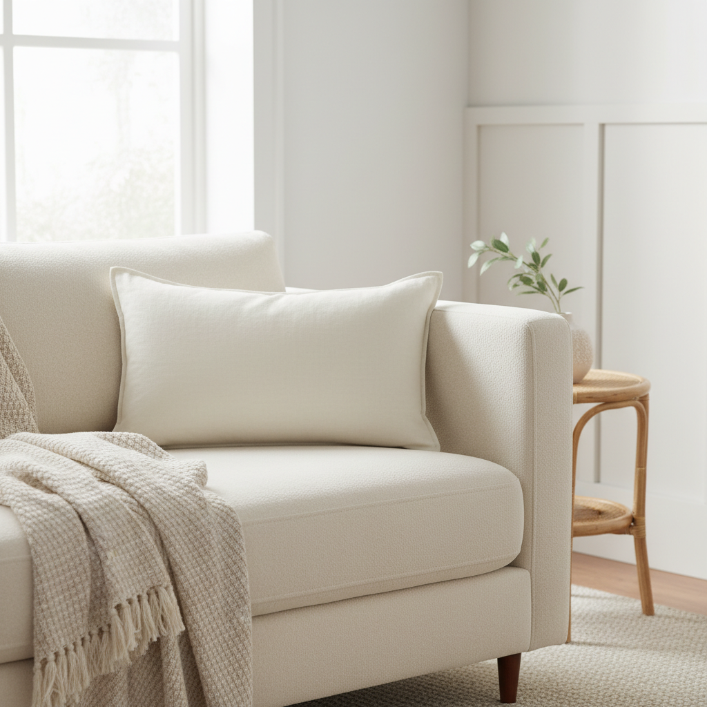 Create a warm, lifestyle-inspired scene showcasing the 'Cushion Dolice Ecru' placed on a cozy, plush sofa in a bright, airy room. Use natural diffused daylight complemented by HDR studio lighting to enhance the cushion’s soft, inviting texture. The shot is