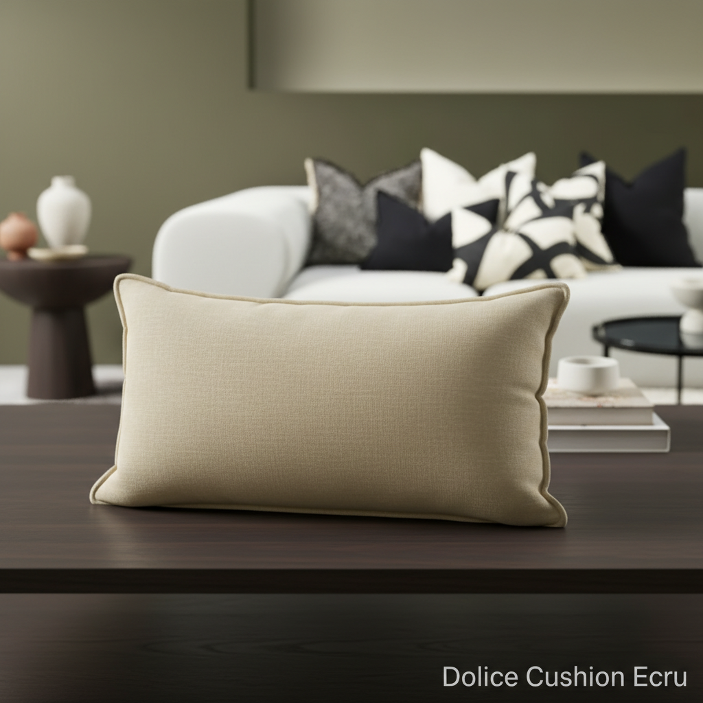 Create a stylized, lifestyle shot of the Dolice Cushion Ecru placed on a rustic, vintage-inspired armchair in a sunlit room. Use diffused daylight to soften the scene, emphasizing the cushion’s handwoven texture and slightly washed-out stonewash look. Posi