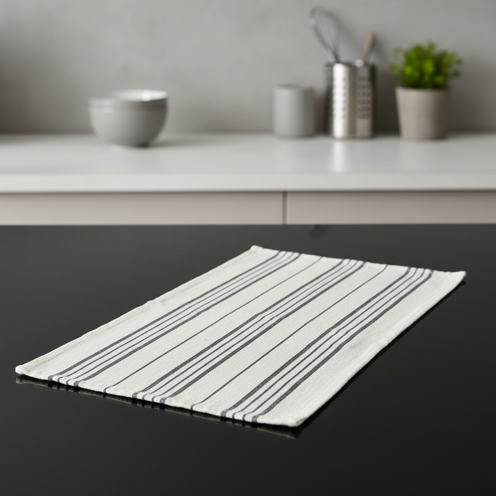 Capture a high-end product shot of the Tea Towel Black Linen from Winkler Karma, presented flat on a sleek, reflective black surface in a modern, minimalist kitchen setting. Use HDR studio lighting with softboxes to evenly illuminate the textured linen fab