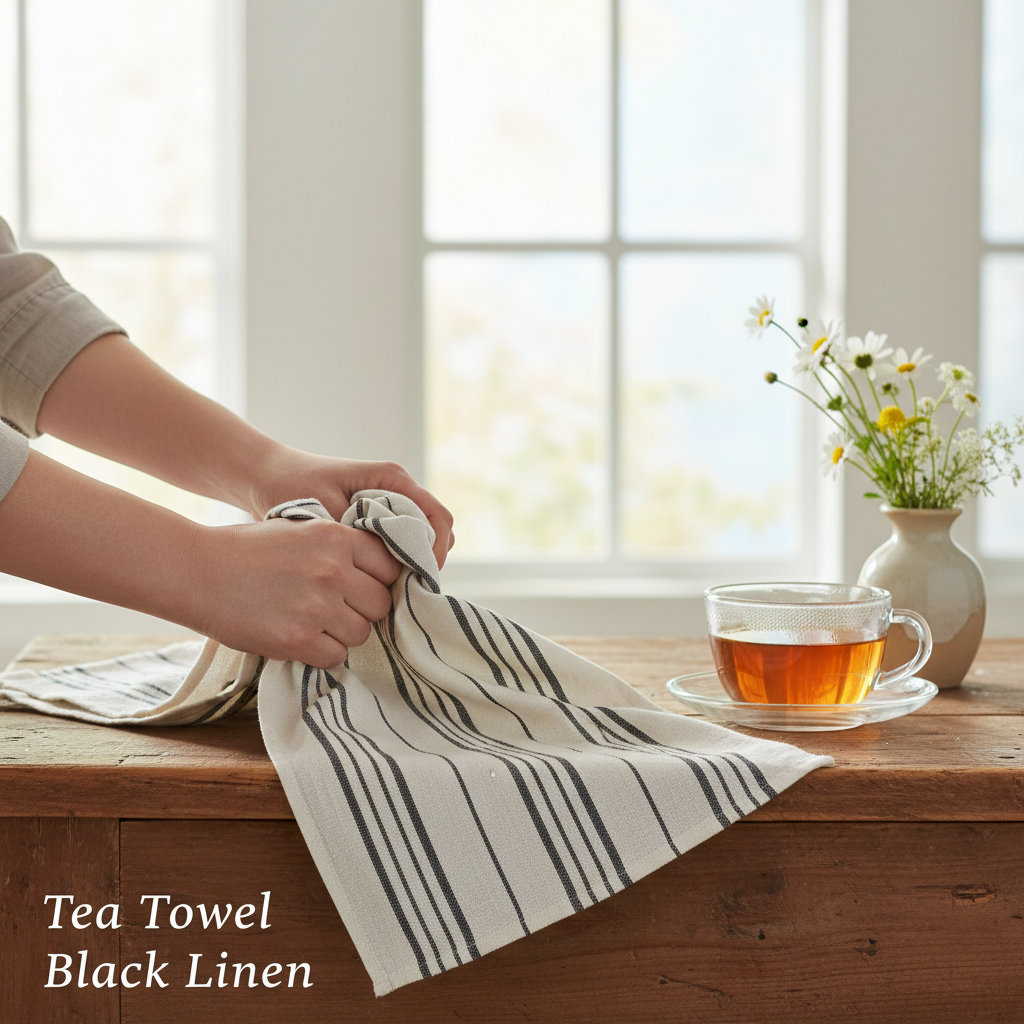 Capture a high-end product shot of the Tea Towel Black Linen from Winkler Karma, presented flat on a sleek, reflective black surface in a modern, minimalist kitchen setting. Use HDR studio lighting with softboxes to evenly illuminate the textured linen fab