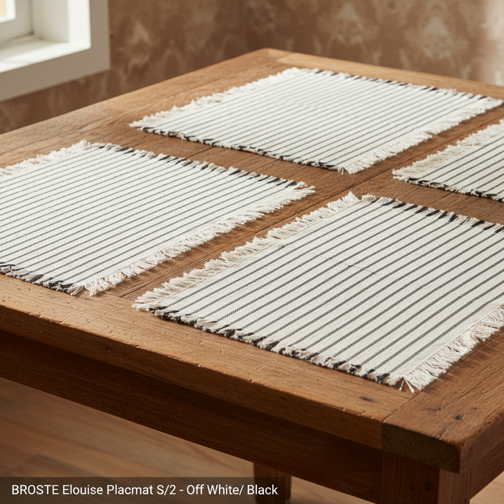 Create a luxurious, high-resolution studio shot of the BROSTE Elouise Placemat S/2 set, arranged elegantly on a rustic wooden dining table illuminated by a softbox light that mimics natural daylight. The off-white and black fringed textiles are captured wi