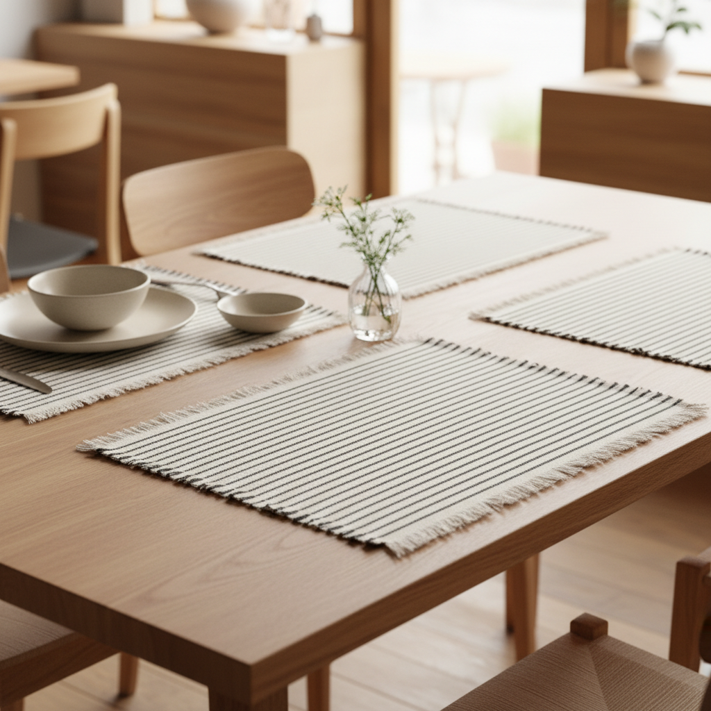 Create a luxurious, high-resolution studio shot of the BROSTE Elouise Placemat S/2 set, arranged elegantly on a rustic wooden dining table illuminated by a softbox light that mimics natural daylight. The off-white and black fringed textiles are captured wi