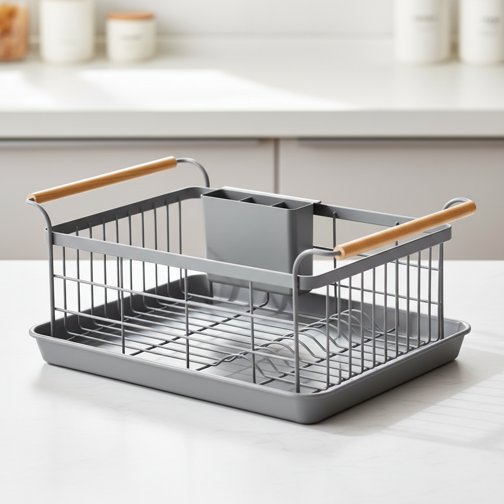 Create a high-resolution, cinematic product image of the Yamazaki Tosca Dish Drainer in grey, captured in a professional studio setting. Use softbox lighting for gentle, even illumination that highlights the sleek, matte finish of the drainer. Photograph f