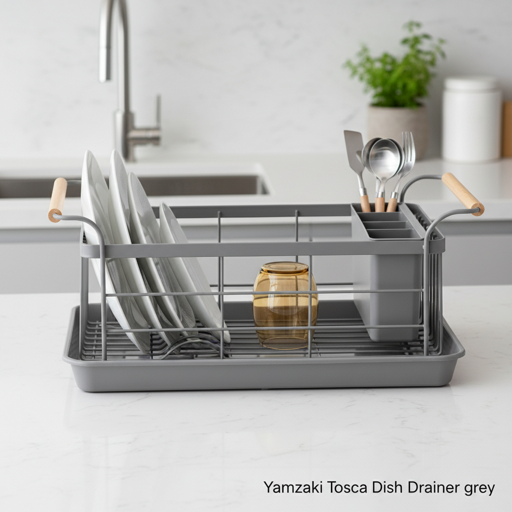 Create a high-resolution, cinematic product image of the Yamazaki Tosca Dish Drainer in grey, captured in a professional studio setting. Use softbox lighting for gentle, even illumination that highlights the sleek, matte finish of the drainer. Photograph f