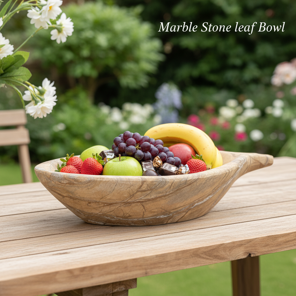 Create a highly detailed, studio-grade image of a 'Marble Stone leaf Bowl' positioned centrally on a sleek, reflective glass surface in a modern, minimalist environment. Use softbox lighting to emphasize the natural veining and smooth texture of the white 