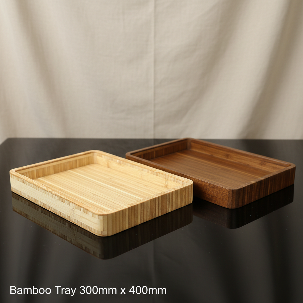 Create a highly detailed, cinematic studio shot of the Bamboo Tray 300mm x 400mm, positioned centrally on a sleek, reflective black surface under softbox lighting that highlights the natural wood grain and smooth finish. Capture the tray from a slightly el