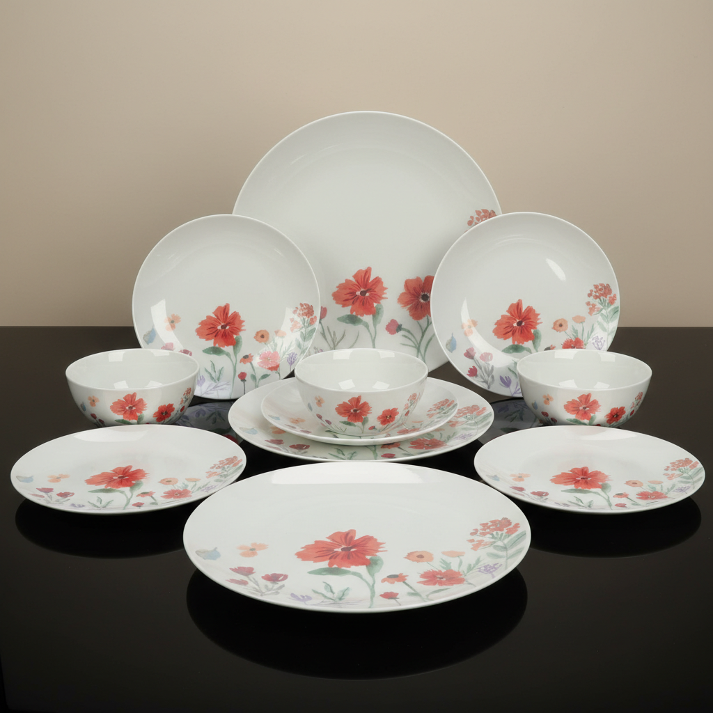 A stylish lifestyle composition featuring the Florial Dinner Set 18 pc arranged on a rustic wooden table in a bright, naturally lit dining room. Natural diffuse daylight filters through a large window, creating a warm, inviting ambiance. The camera is set 