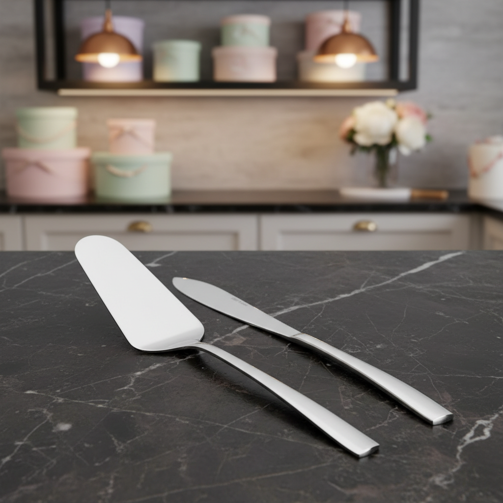 A luxurious professional cake server and knife set displayed in an elegant high-end bakery studio. The scene features softbox lighting that highlights the gleaming stainless steel blades and polished metallic handles, creating subtle reflections and a sens