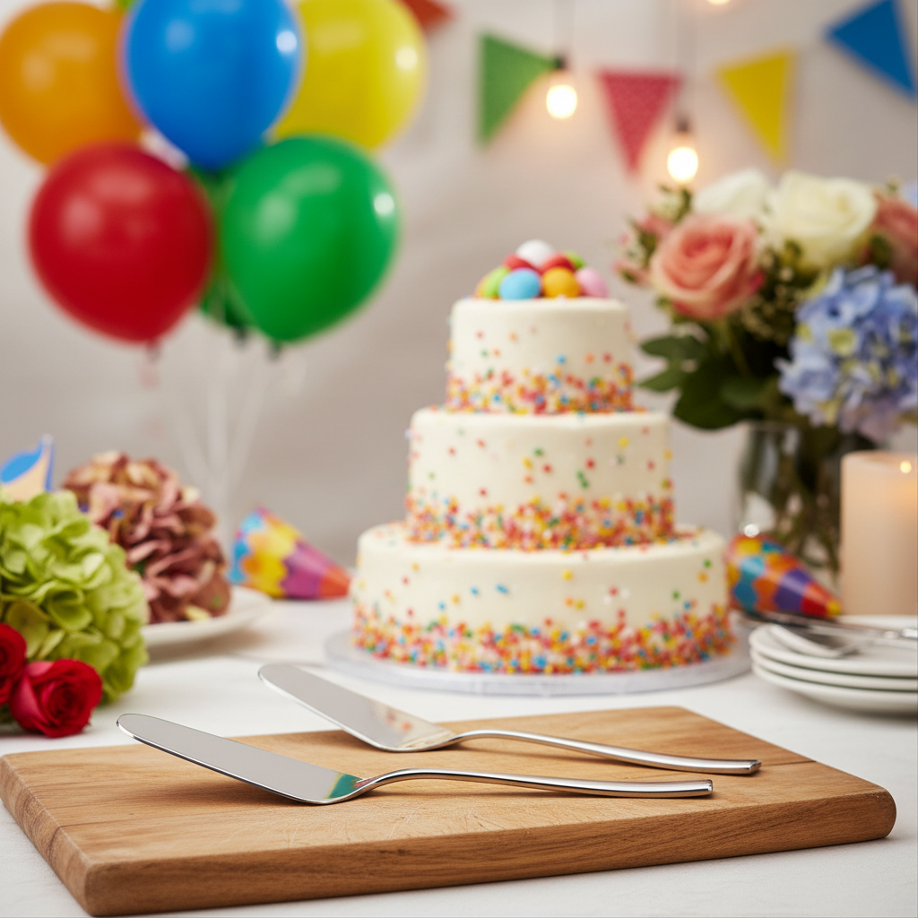 A vibrant, festive tabletop scene featuring the cake server and knife set prominently displayed on a beautifully decorated table set for a celebration. The tools are crafted from high-quality stainless steel with sleek, modern lines, captured under HDR stu