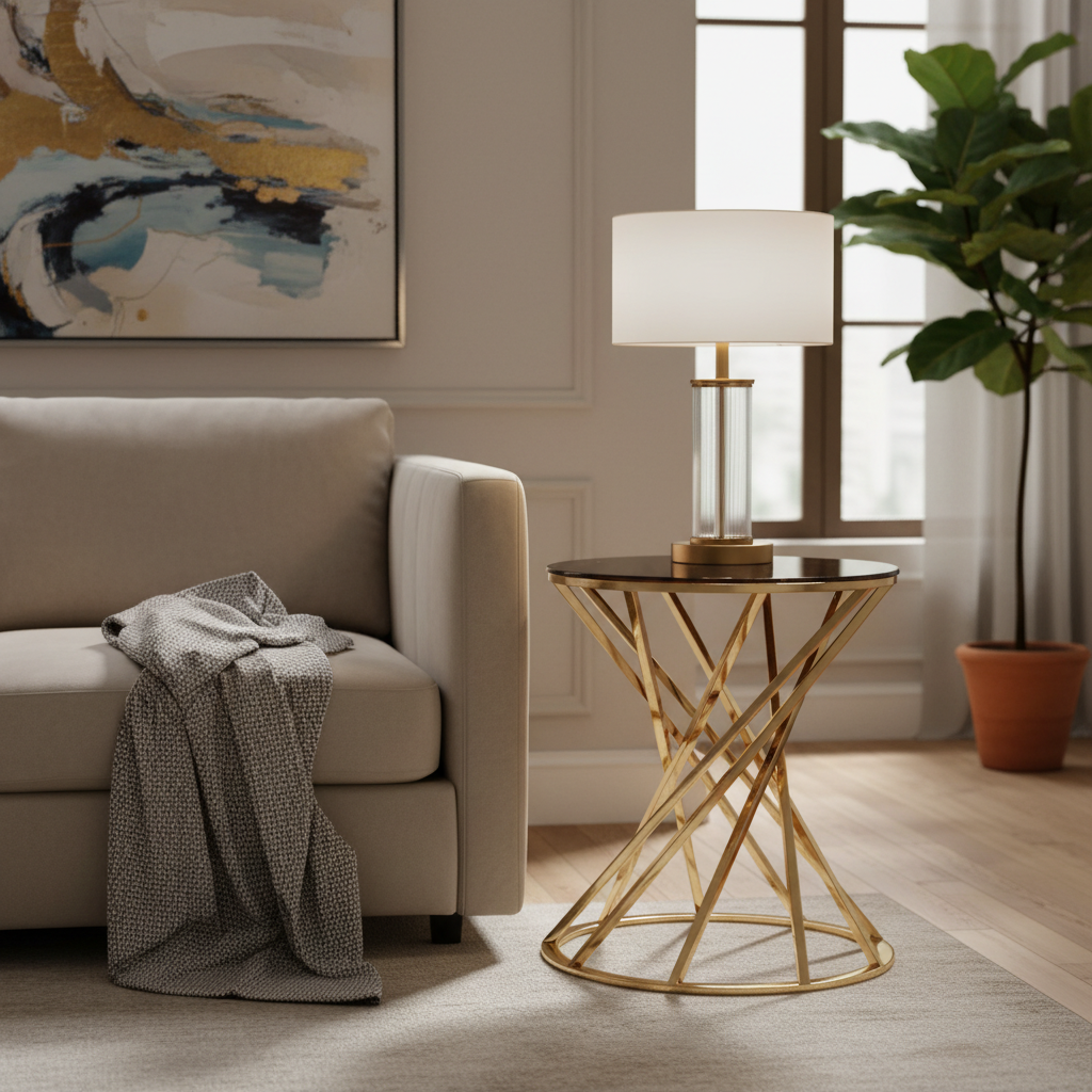 Create a high-resolution, studio-lit image of the Ottavia B Side table small, positioned centrally against a clean, minimalist backdrop with soft, diffused daylight to emphasize elegance. Use a shallow depth of field with a macro lens (f/2.8, 85mm) to focu