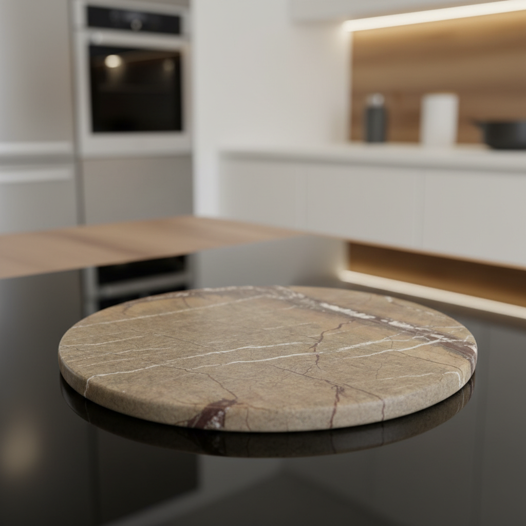 A sophisticated product shot of the Marble Hot Plate - Pink Taupe, captured with softbox studio lighting to emphasize its smooth, polished marble surface and vibrant pink taupe color. The plate is centered on a reflective black glass surface, creating eleg