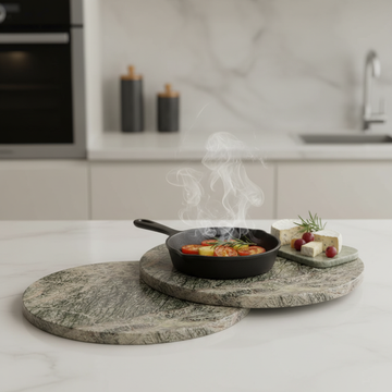Create a high-resolution, cinematic studio shot of the 'Marble Hot Plate - Forest' set against a sleek, minimalist kitchen background. Use softbox lighting to create a gentle, even illumination that highlights the rich, deep green and natural marble veinin