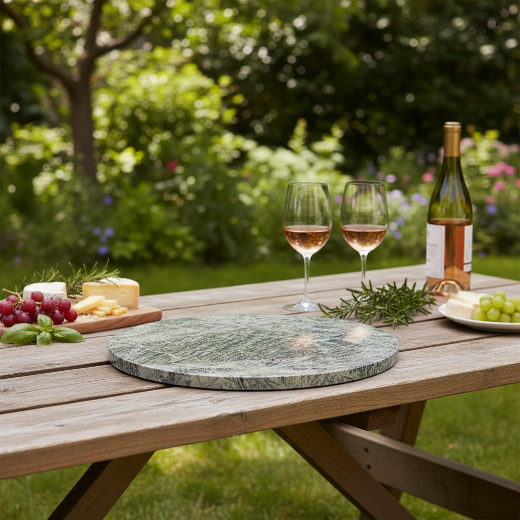 Create a lifestyle-oriented, vibrant outdoor scene featuring the 'Marble Hot Plate - Forest' on a rustic wooden picnic table under natural daylight. Use diffused daylight to evenly illuminate the product, accentuating the lush green tones and natural marbl