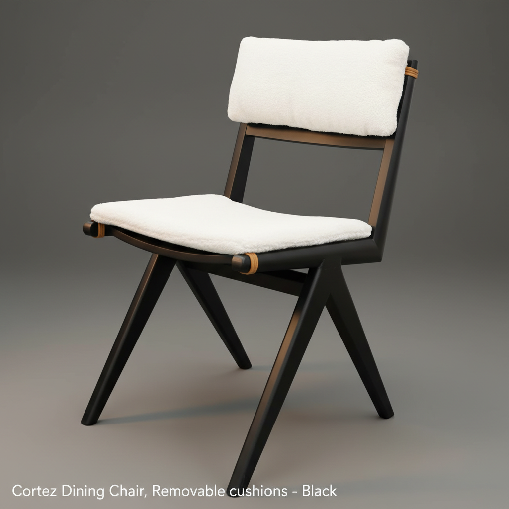 Create a cinematic, high-resolution studio shot of the Cortez Dining Chair, captured from a three-quarter angle to showcase both the sleek black wooden frame and the plush shearling cushions. Use softbox lighting to emphasize the texture of the plush fabri