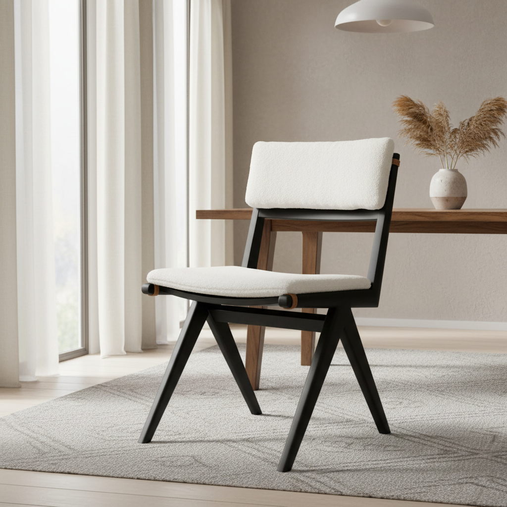 Capture the Cortez Dining Chair in a stylish contemporary dining space set against a softly lit, neutral-toned textured wall. Use a wide-angle lens (around 24mm) from a slightly lower perspective to accentuate the chair’s elegant curves and sturdy legs. In