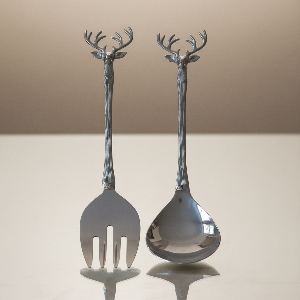 A close-up shot of the Elk Salad Servers set illuminated by softbox lighting to showcase their polished chrome finish, with a shallow depth of field emphasizing the intricate elk-inspired detailing on the handles. Camera positioned at a slightly above angl