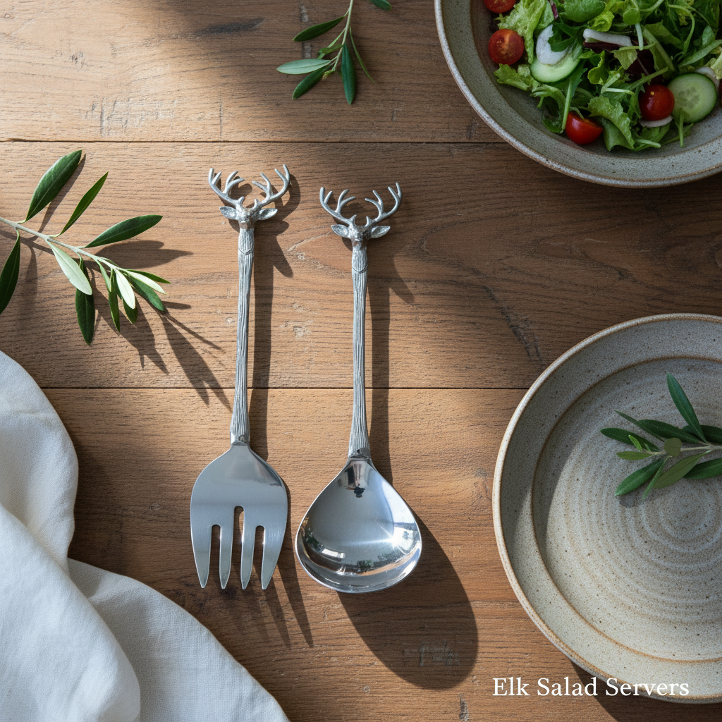 A close-up shot of the Elk Salad Servers set illuminated by softbox lighting to showcase their polished chrome finish, with a shallow depth of field emphasizing the intricate elk-inspired detailing on the handles. Camera positioned at a slightly above angl