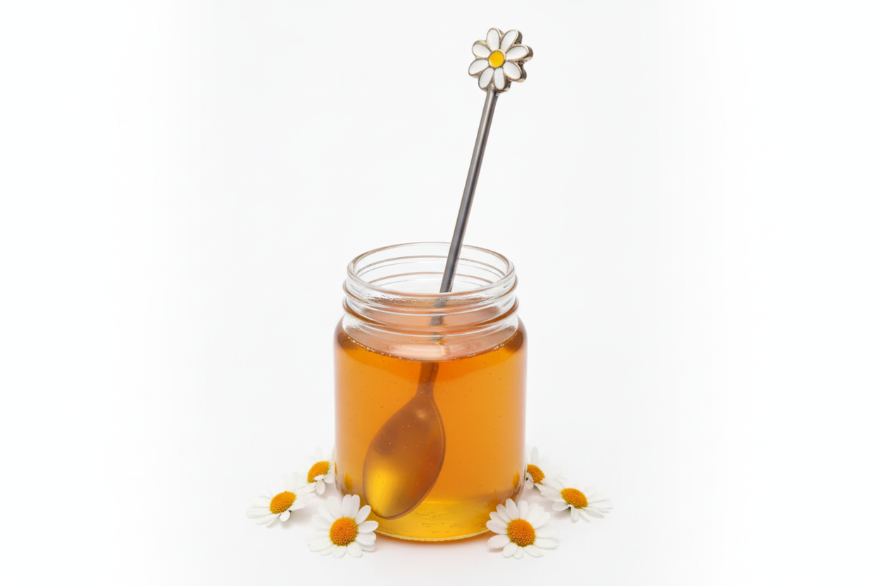 Jar of honey with a spoon and daisy-shaped handle on a white background